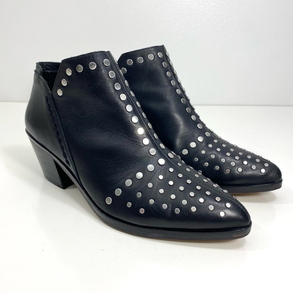 1. State Loka Black Leather Silver Studded Moto Biker Rock Western Ankle Boots 6 - Picture 3 of 12